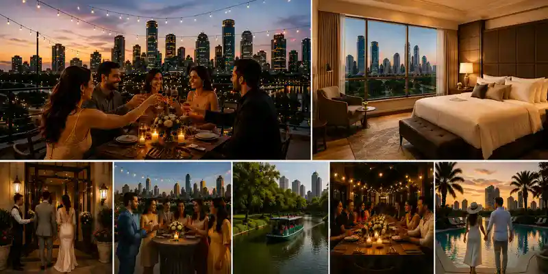 Collage of Houston wedding celebrations featuring rooftop dining, luxury hotel stay, river cruise, elegant dinner, and romantic poolside evening.